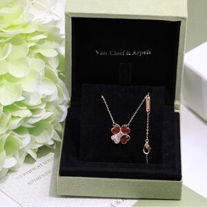 Van Cleef & Arpels Rose Gold Clover Necklace with Red and White Stones